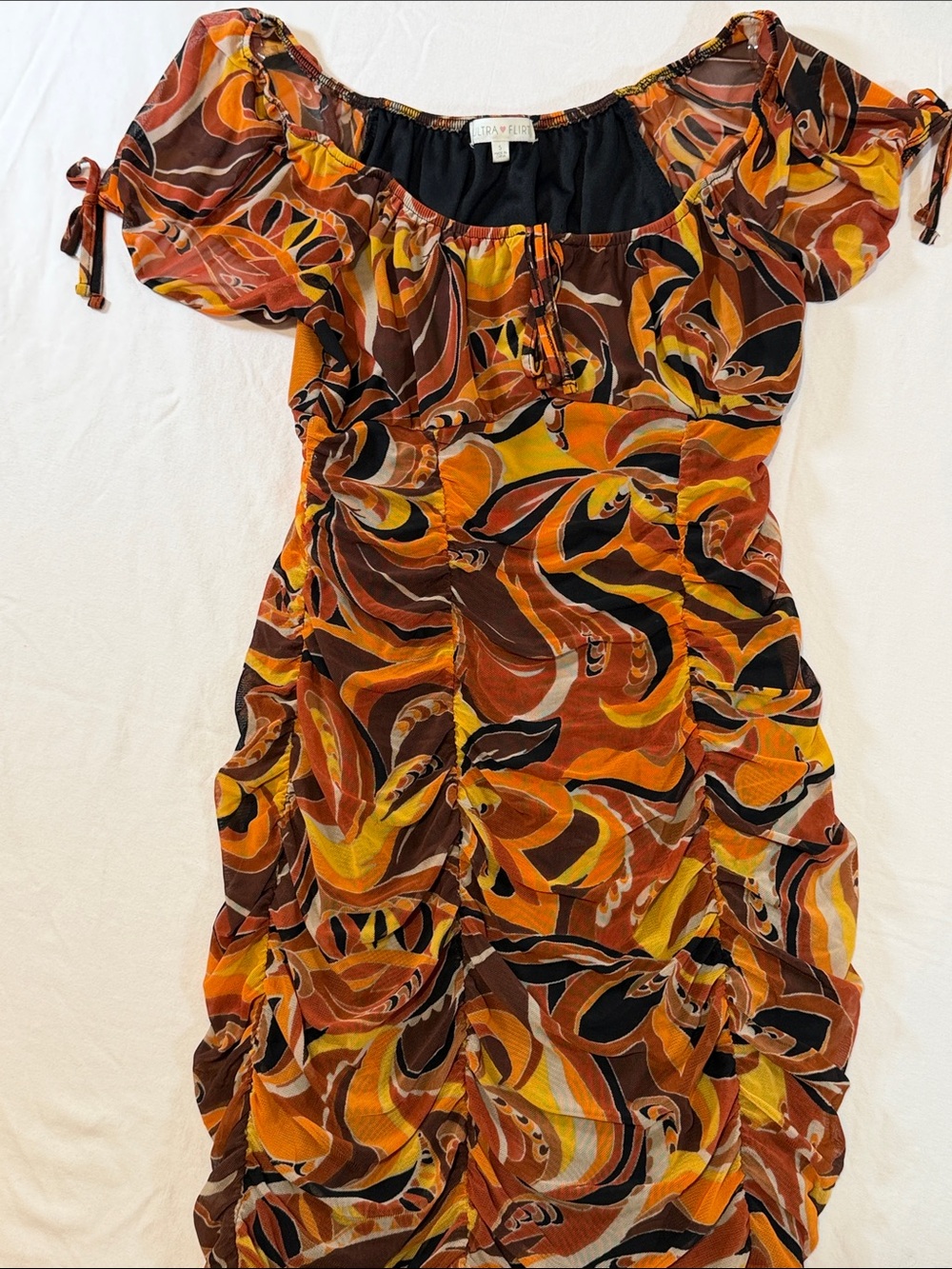 Ultra Flirt One-Shoulder Dress in Orange, Brown & Yellow Abstract Print